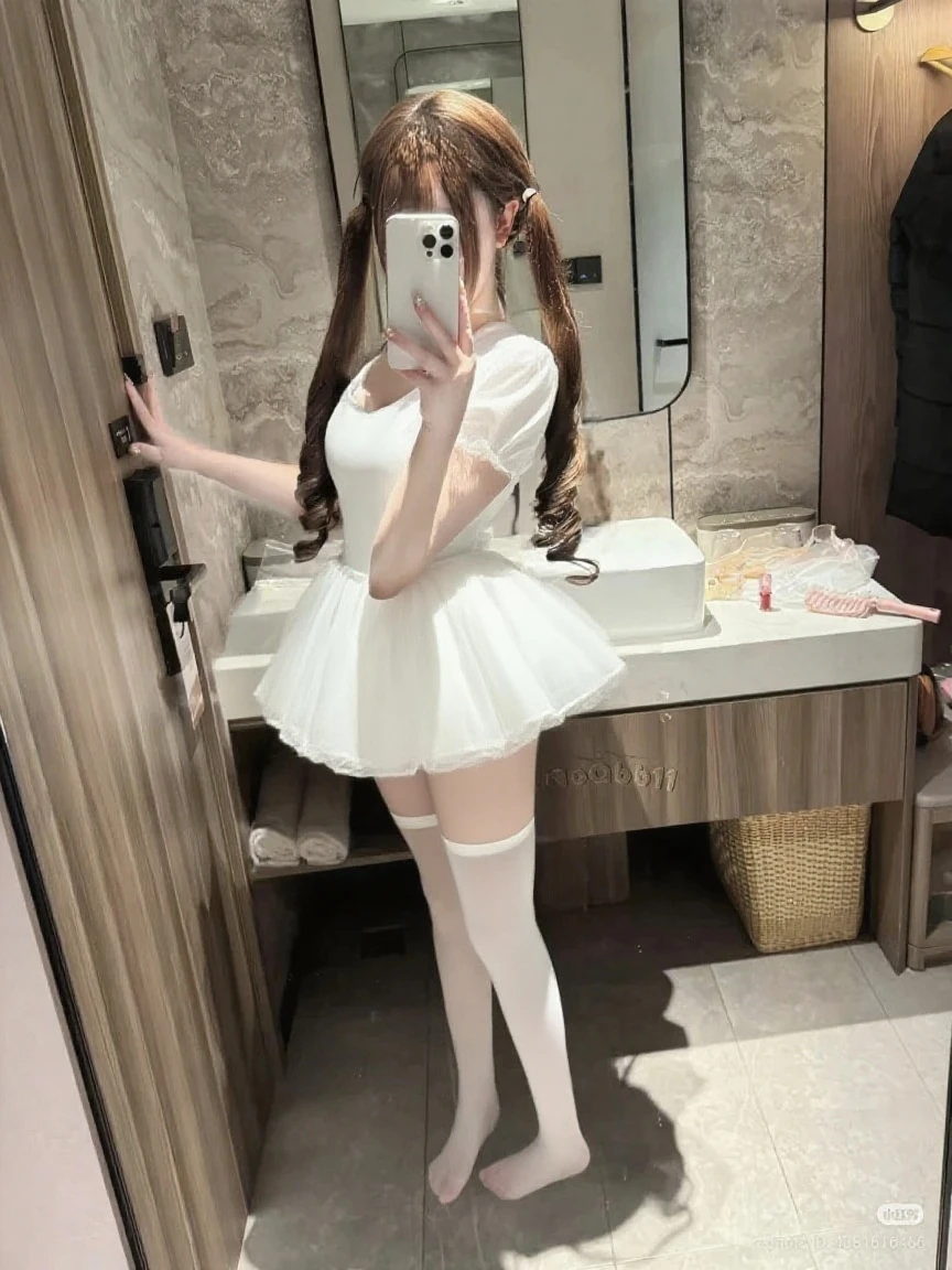 There is a woman taking a selfie wearing white, loli in dress, pale milky white porcelain skin, Anime girl in real life, pale snow-white skin, white skirt and barechest, intriguing outfit, pale porcelain white skin, wearing white skirt, cutecore, very sexy outfit, extremely pale, Guviz, wearing white clothes, wearing a corset
