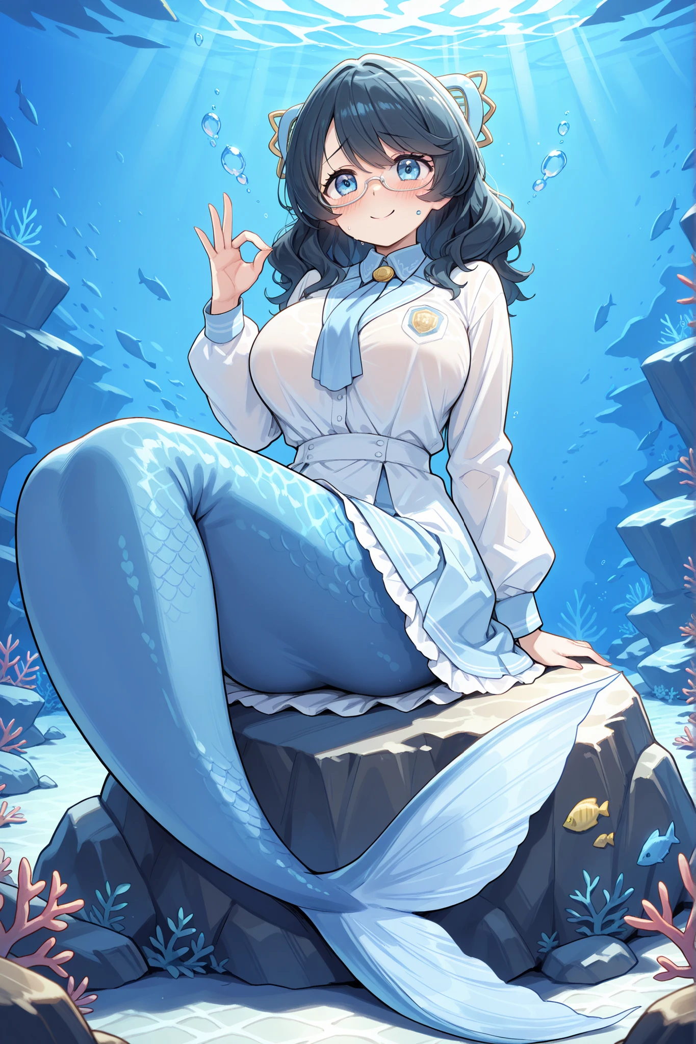 1 female,big breast, Misolfachord Eliteia, White glasses , white student uniform ,jk uniform,Light Blue Skirt,long hair, Full body picture,best quality,is very beautiful,Ridiculous,masterpiece after sex,( full five fingers ),Mermaid,Light blue fish tail ,The lower half of the body is a light blue fish tail,shy,Blush,Smile,(Underwater),seabed,Love gesture,Sitting on the rock