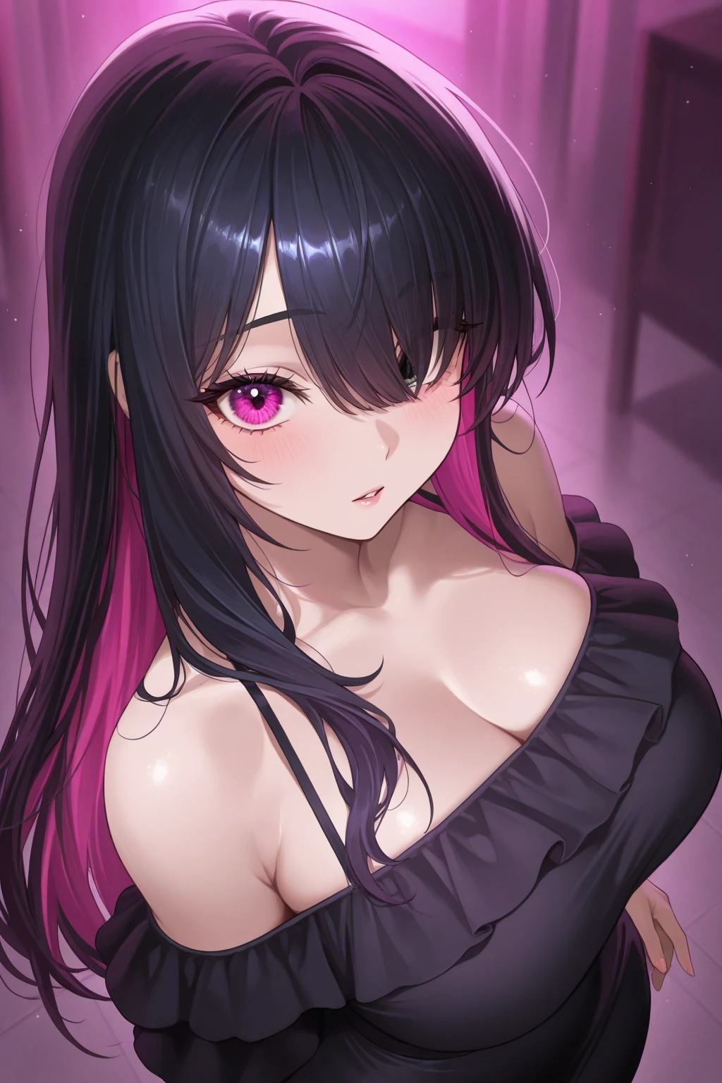 (((Black hair))), long hair, pink eyes, sexy, large breasts, beautiful body, masterpiece, smile, (((purple lingerie))), sexy lingerie, hotel swimming pool,busty, buxom, curvy, voluptuous