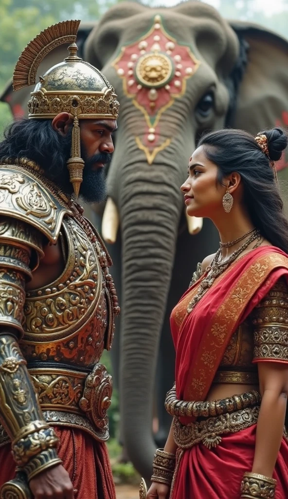 Sultan Khilji's soldiers delivering a message to Rani Padmini in the palace, with her court ladies in the background looking worried.
The male character has tribal tattoos, armor
the female character is adorned with jewelry and wearing a red saree.