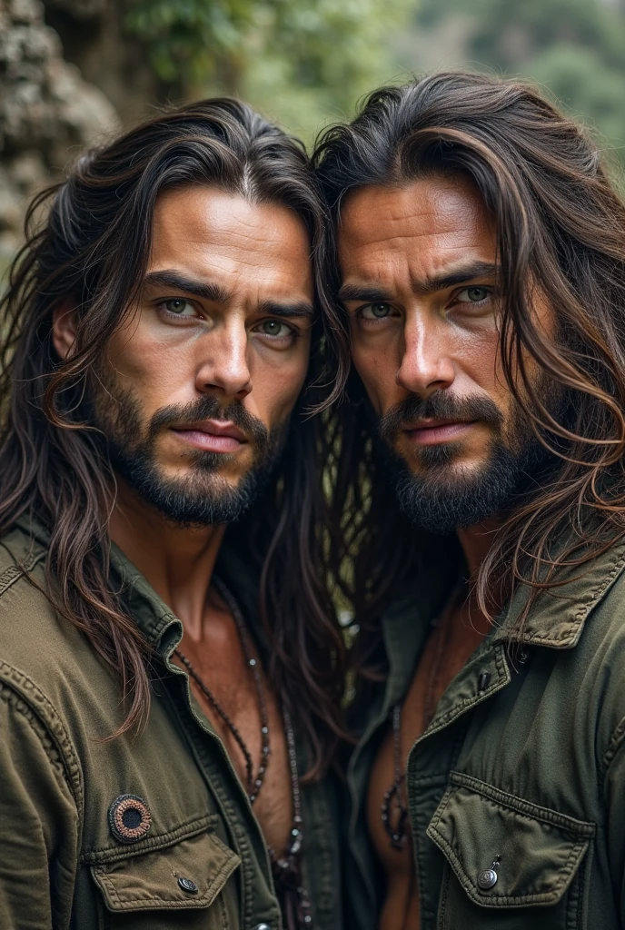  Three big man with beard and a young cute beautiful face in the jungle abused him 