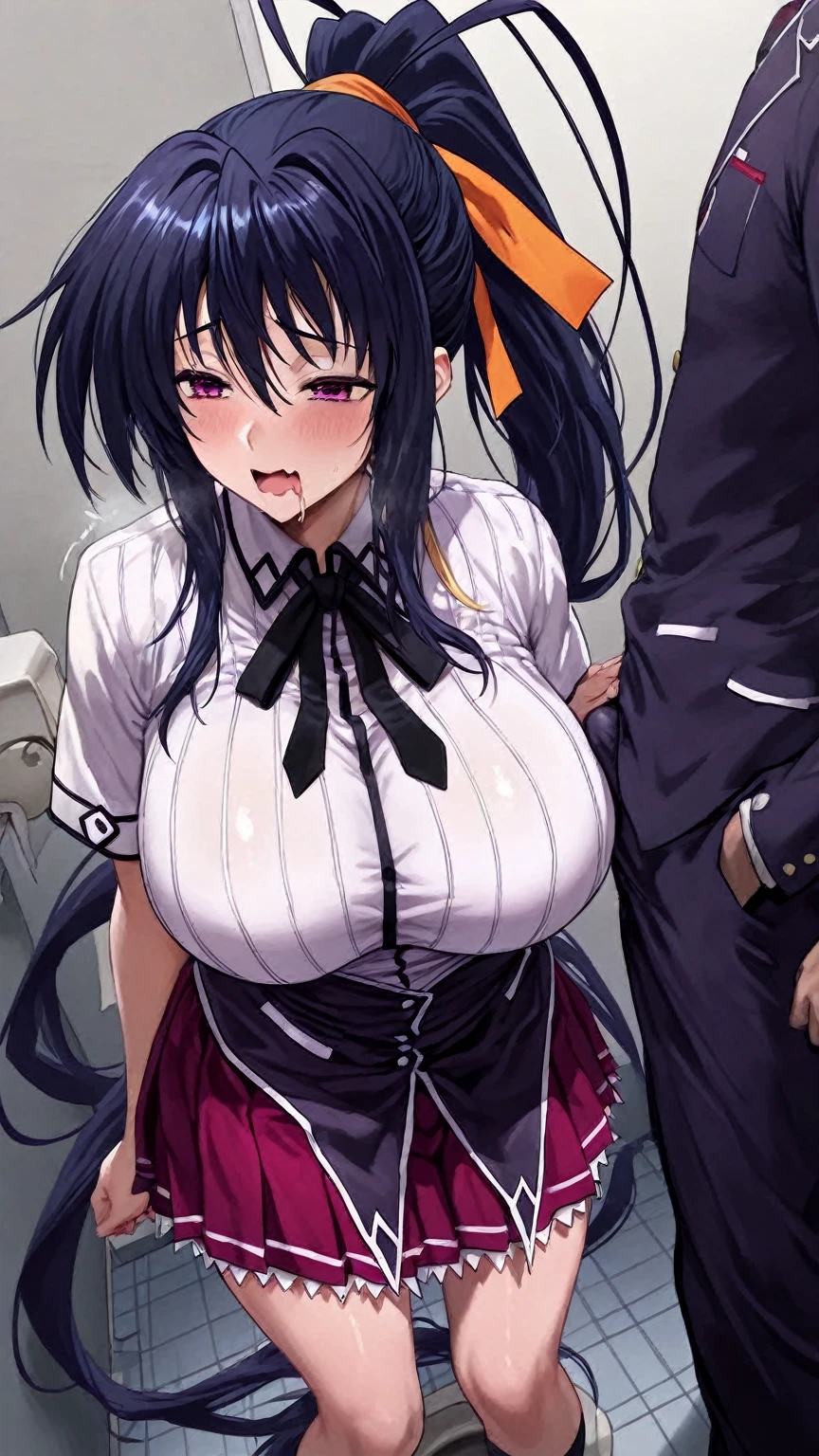 high school student、Women、School classroom、(Big Breasts)、smirk、curvy、(((((1 girl)))))、(from below)、With a cheek cane、