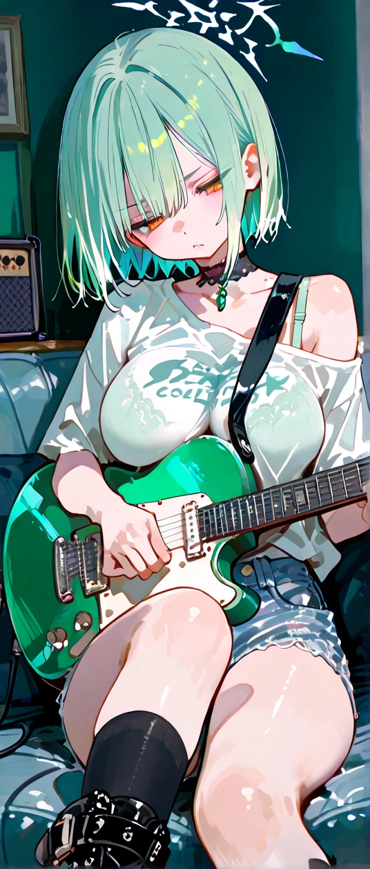 1girl, Guitarist, a guitarist playing an electric guitar, detailed facial features, intricate guitar details, dramatic lighting, moody atmosphere, cinematic composition, oil painting, vibrant colors, dramatic shadows, skilled musician, intense expression, dynamic pose, studio setting, professional quality, masterpiece, best quality, very aesthetic, absurdres, big boobs, tattoos, sexy, beautiful pussy, tattoed , , green hair, piercings on face, tongue out.
