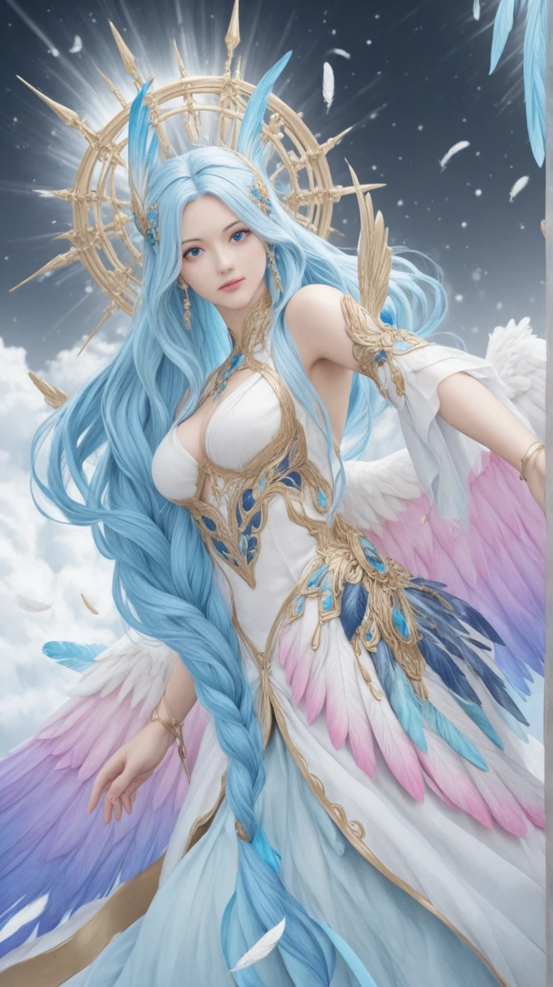 A beautiful Valkyrie stands in a serene meadow bathed in daylight, performing a solemn dance to honor and send the souls of her fallen comrades to the heavens. She is adorned in radiant, ethereal armor that glimmers in the sunlight, with intricate designs and flowing fabric that moves gracefully with her every motion. Her long, flowing blue hair cascades around her as she dances, and her wings are spread wide, catching the light and adding to the majestic scene. The background features a clear blue sky with a few wispy clouds and the lush green of the meadow dotted with wildflowers. The air is filled with a sense of peace and reverence as the Valkyrie’s dance bridges the earthly and the divine.
