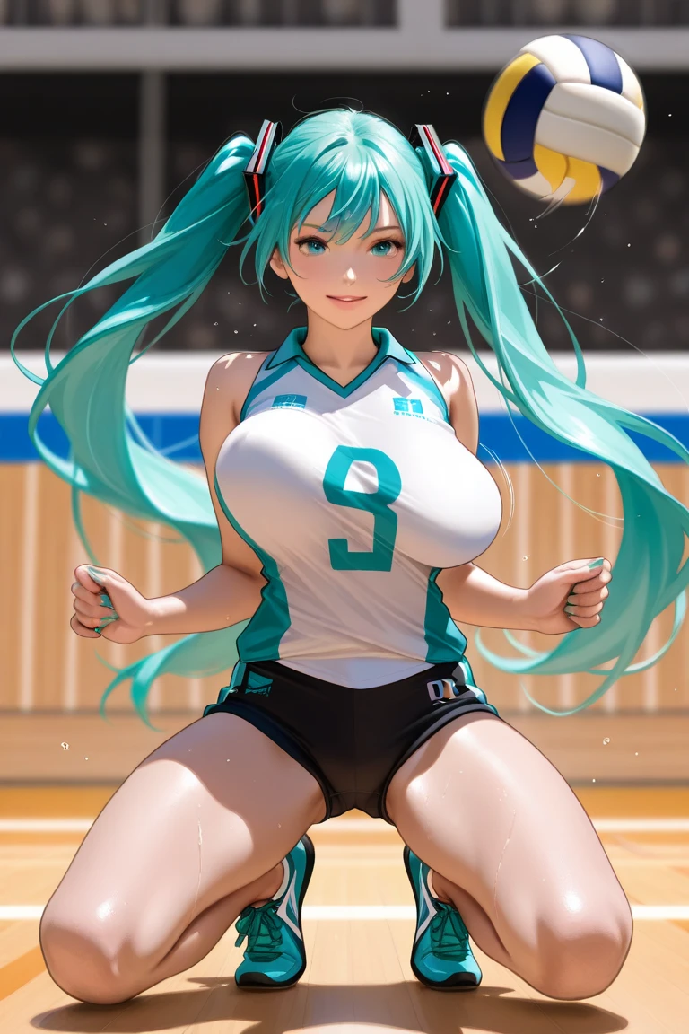 (nsfw:1.5),miku hatsune,Haikyuu,beautiful breasts,1 Lady Solo, /(volleyball uniform/), (Masterpiece of the highest quality:1.2) Very detailed and delicate illustrations, (Indoor volleyball court/),jump high,spike,laughter、show off your chest、huge breasts