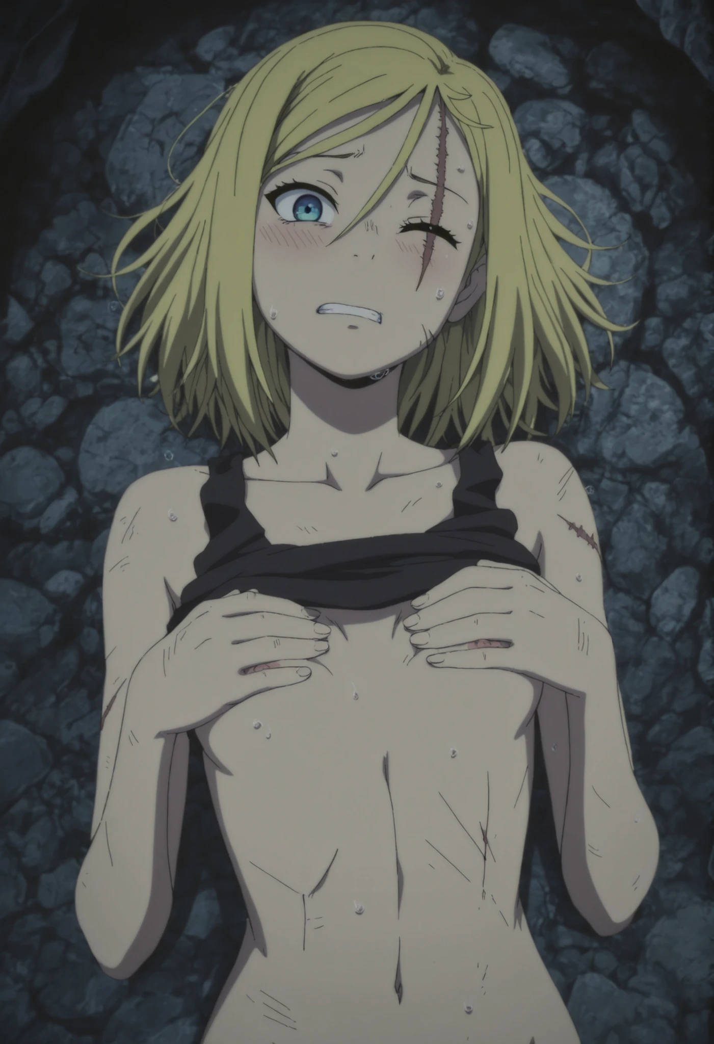 masterpiece, High resolution, alone, 8K, detailed, Perfect Face, Highest quality, (super high quality), (Looking at the audience), (Underarm), clavicle, nakedの腕, Small breasts, Cleavage, Light grey-blond hair, Two messy buns, Yellow Eyes, Snake-eyes, stomach, Stomach, belly button, stomach筋, Ahoge, Sarasi Chest, naked, (Blue too), The body is slim, Upper Body, Open your mouth, tooth, In the forest, Raise your hand,Blushing,Red swollen pussy