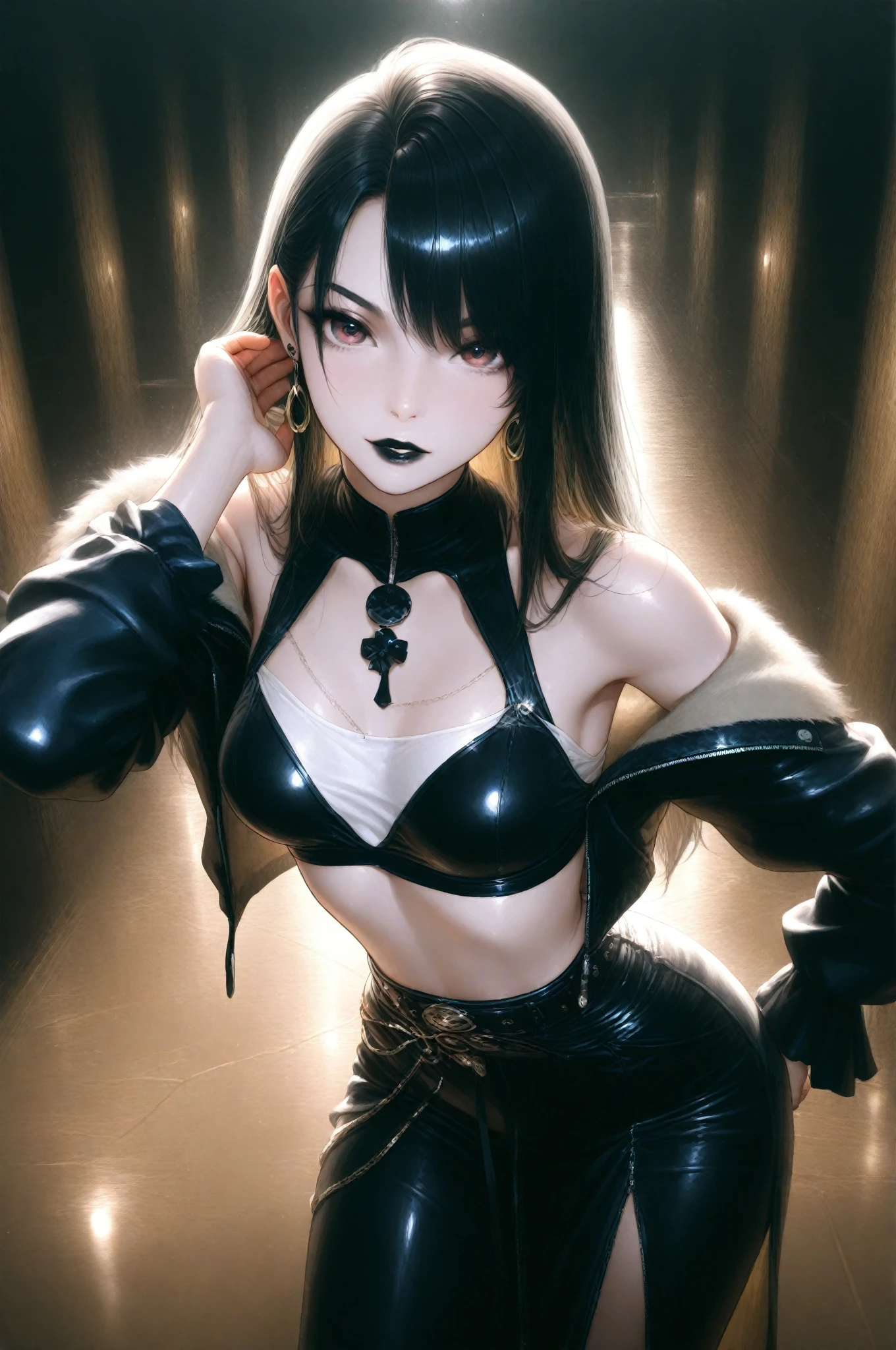 anime female character, short black sets, black hat, spiked headphones, long white hair, happy face, BLACK LENSES, knife in right hand, black gloves, spikes in the leg, black skirt