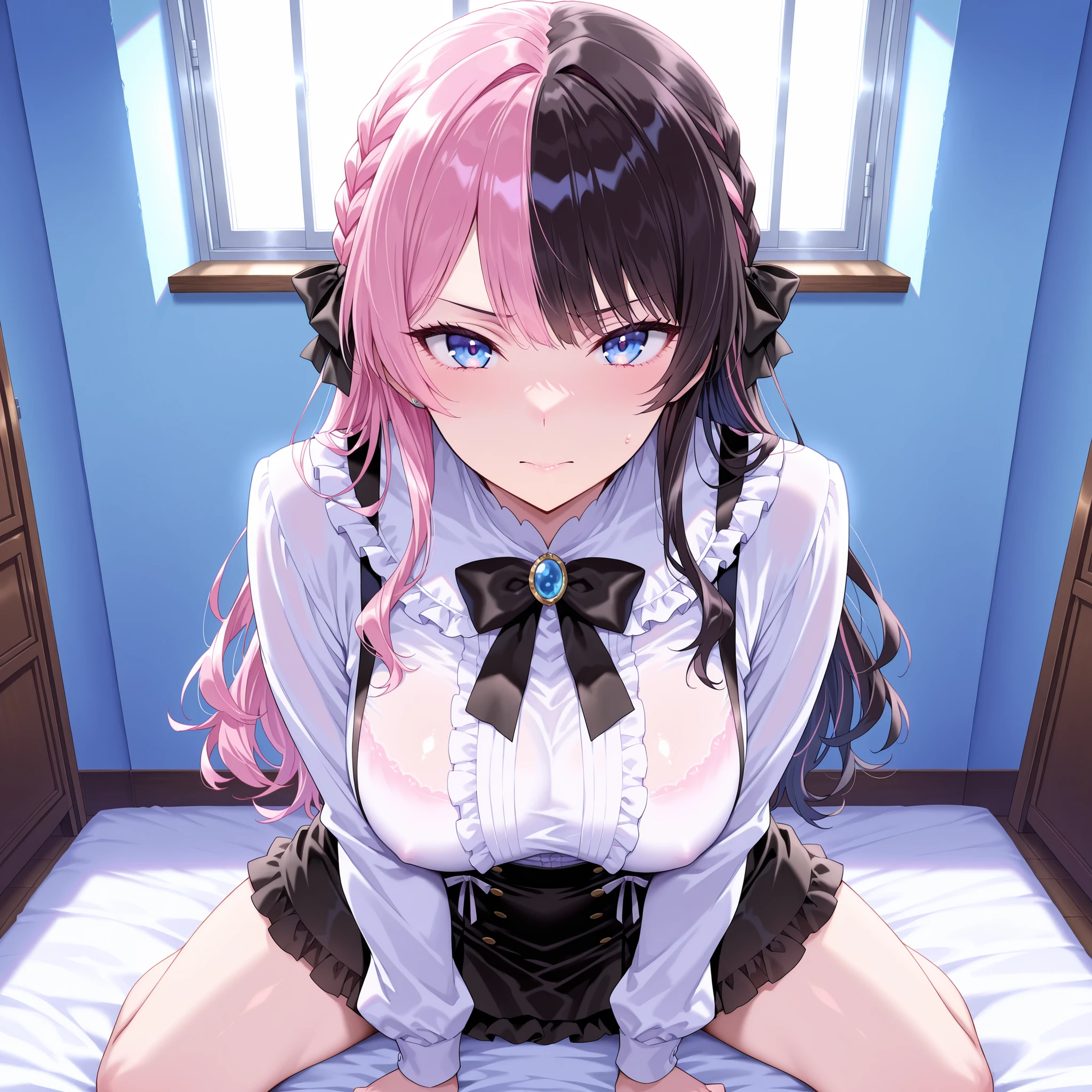 solo,masterpiece,best quality, amazing quality, highres, absurdres, very aesthetic, high resolution, ultra detailed, perfect details,Hinan0Def, blue eyes, (multicolored hair), pink hair, black hair, long hair, french braid, hair bow, black bowtie, brooch, frilled shirt, white shirt, long sleeves, black skirt, suspender skirt,mature female,(masterpiece, detailed:1.2),anime screencap,medium breasts,look at viewer,