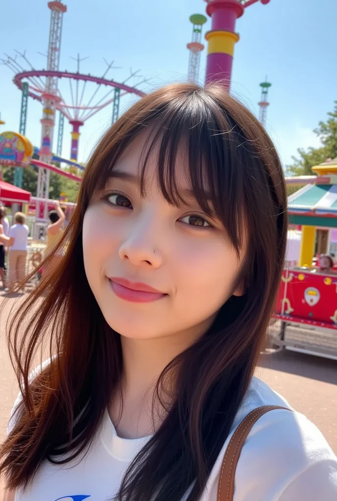 A girl, amusement park, chase, play, many balloons, happy, happy, perfect quality, clear focus (clutter-home: 0.8), (masterpiece: 1.2) (Realistic: 1.2) (Bokeh) (Best quality) (Detailed skin: 1.3) (Intricate details) (8K) (Detail Eyes) (Sharp Focus), (Happy)