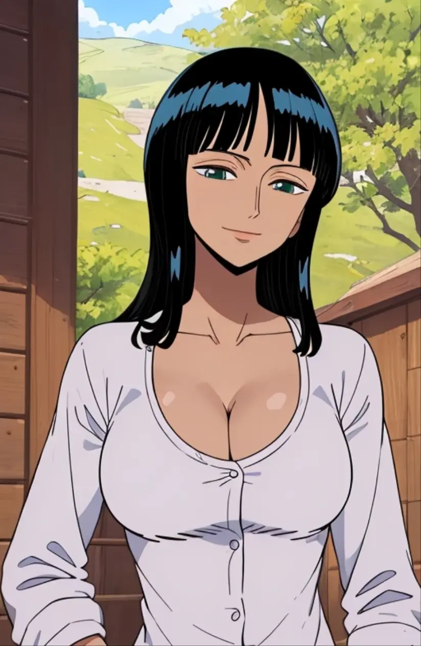 (masterpiece),Highest quality,wonderful,Let me explain.Written boundary depth,Beautiful and detailed, Nico Robin, One Girl,Cowboy Shot,Mature Woman,Happy,A light smile,Cleavage、Huge breasts