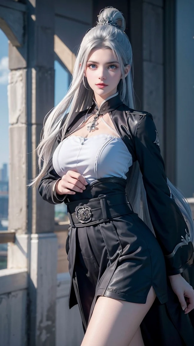 photorealistic, high resolution, soft light,1women, solo, ???? up, look at viewer, (detailed face), white hair, bangs, edgBB, black gloves, belt, coat, torn clothes, capelet, gauntlets, vambraces, black capelet, hunter (bloodborne), TRICORN hat, woman wearing edgBB_outfit, outdoors, gothic church, sitting on chair, jewelry