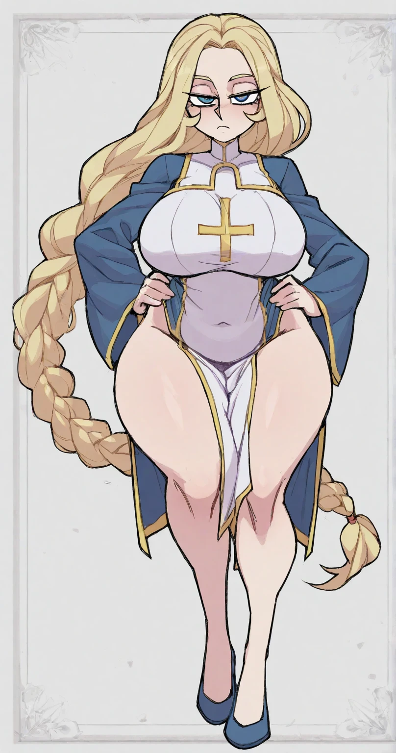 (Oda non style),(8K, best quality, masterpiece:1.2),\(Eye details\),\(Facial features details\),(\(Clothes details details\)\),(1 girl:1.3),独奏,full body,36 years old,mature female,((milf)),tall and giant body,((blonde hair)),gray pupil,(long straight hair:1.2),((middles bangs)),(large breasts),huge_breasts,(Pointed and firm breasts),Long legs.battle nun,(Sexy nun dress:1.2)+(thigh large outcuting:1.25),bare thigh,high heels.{The character is in a sacred church},