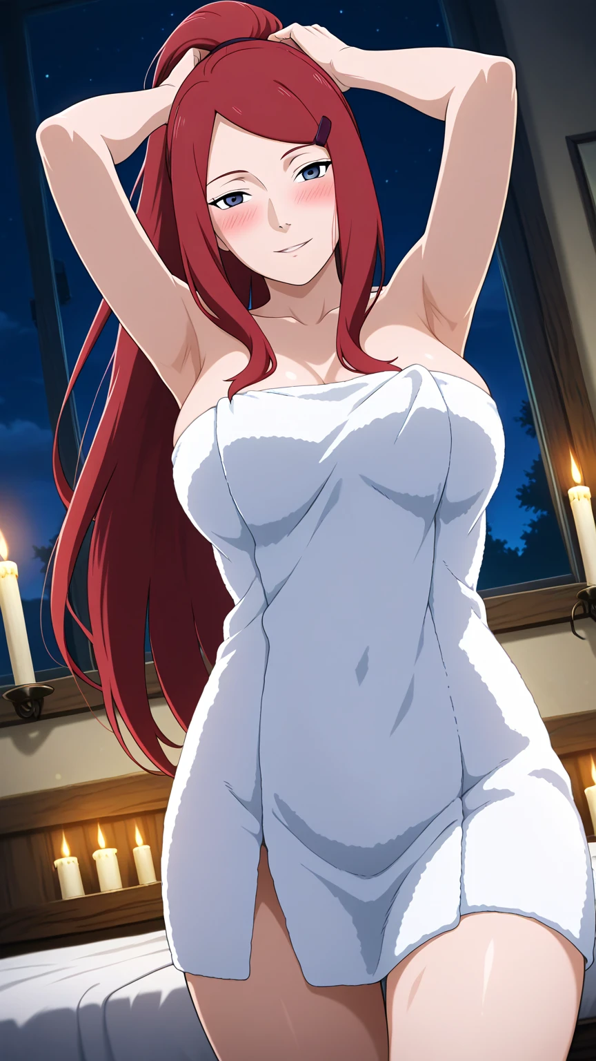 Nude, naked, 1girl, aaichika, tiara, bridal veil, necklace, cleavage, wedding dress, strapless dress, white dress, white gloves, elbow gloves, from below, show breasts, show nipples, skirt lift, white panties and sexy stockings, bare legs,, masterpiece, best quality, highly detailed, Long straight red hair, beautiful red eyes