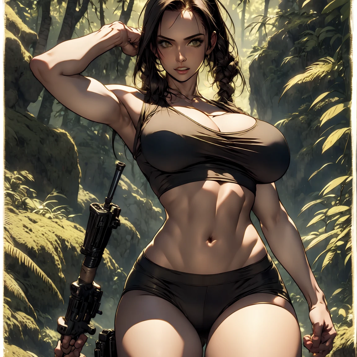 Lara Croft, black hair, hyperrealistic wet skin, huge breasts, showing cleavage, skindentation, sitting before a campfire at night, jungle background, fantasy art, watercolor anime comic illustration