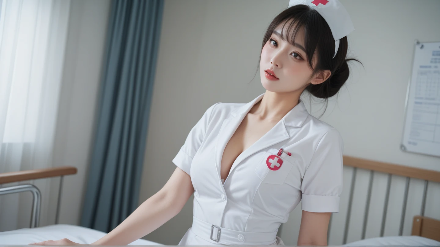 Non-NSFW、Real、Highest quality、Highest quality、masterpiece、Ultra-high resolution、RAW Photos、Real、Bright lighting、Face Light、Smooth Professional Lighting、Looking into the camera、alone、Adult women、Beautiful woman、Super Beauty、Realな肌、Moisturized Skin、Realな目と顔、Perfect model body、Beautiful Eyes、Big eyes、Inconspicuous tear bags、slim、No bra、Beautiful fingers、Very long hair、Beautiful, saturated photography by Emily Soto, clavicle, (mature:1.3), Highest quality, Humidity, attractive,skinny, smile, no_panties, Large Breasts, (masterpiece),(Highest quality),(((Pussy:1.3))), ((photoRealistic)), (brown hair), (Waist-length hair:1.5), Small Ass, White Background, lips, Realistic, Königsreuter, (Bold open-necked white Nurse’s Uniform:1.5), (Garter Stockings:1.2), (from above:1.1), (looking back1.6)