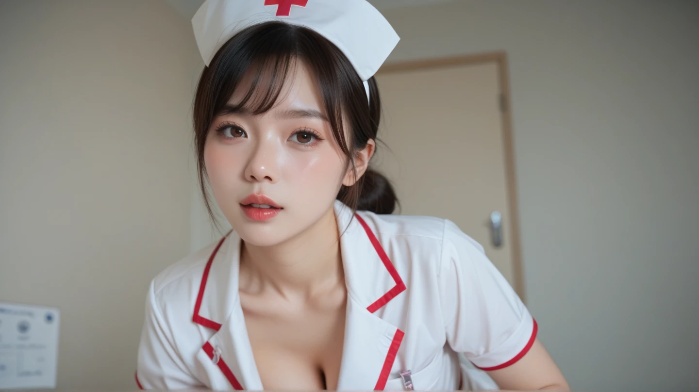 high quality,8K,Masseter region,Surreal,RAW Photos,Sharp focus,Super Fine Clear,Beautiful Japanese Woman,Detailed skin,Fine grain,Dark brown hair,nurse,((White nurse costume)),Nurse uniforms with attention to detail,Detailed background of a hospital room,Spread your legs a little,((Shot looking up from below)),Low angle shooting,((Panties that are a little visible)),, Photo of slim girl model, Bralette, Beautiful Korean Women, Attractive girl, 2 4-year-old female model
