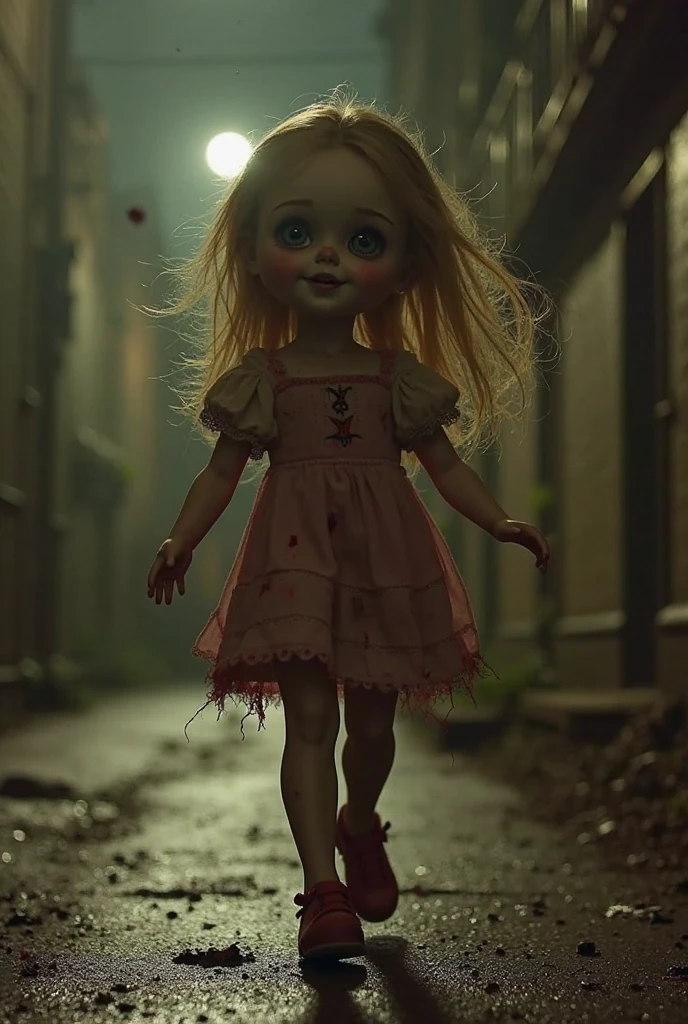 9 year old girl, wearing a floral dress, standing on the side of a highway, macabre look, horror film photography, night scene