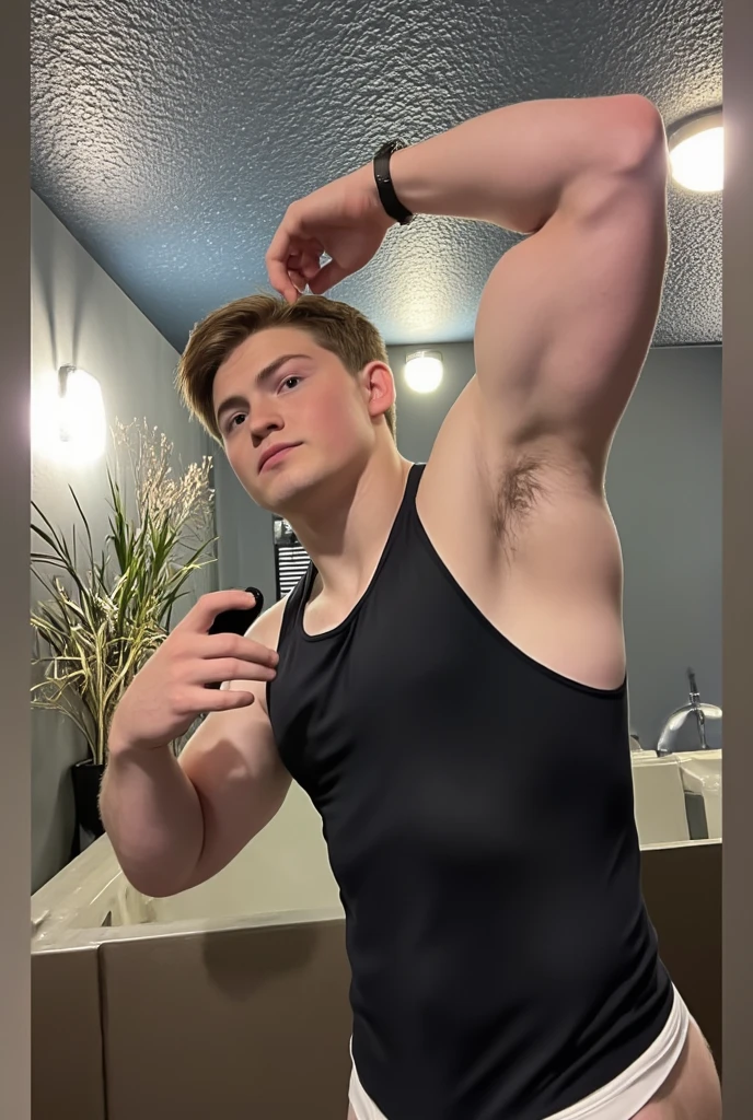 mi mejor amigo es blanco, masculine and athletic 18 year old male. Lleva ropa deportiva ajustada, negra y brillante, cubierta de sudor., sin camisa. He is lying in his bed exhausted.. I am a tiny person with a size of 1 millimeter walking on my giant friend.. he is looking at me. El estilo de la imagen debe parecerse al de una Canon R5.. The image should capture the view from the small person's point of view while walking on the sweaty abs of the giant best friend.