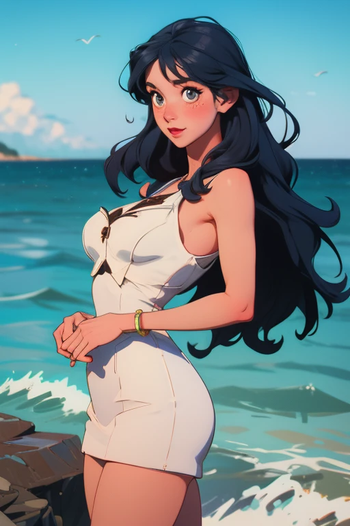 Curvy blue eyed girl with long wavy black hair and small breasts