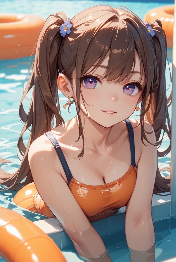 copano rickey \(umamusume\)、Close-up of the butt looking up from below、Get wet all over 1.5.Realistic、squat butt emphasis、13 year old girl、wearing a yellow swimsuit,smile,cleavage emphasis,face reality,lips are a little red,cheeks are a little red,Sexy,pool