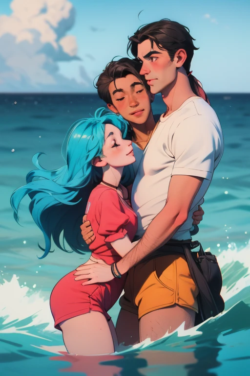 score_9, score_8_up, score_7_up, cartoon,
1girl, slim, blue hair, bikini, happy,  
1boy, muscular, brown hair, jeans, topless,
dimly lit, beach,
close-up, 
<lora:DaquiriStyle:1> d4q1r1s1yl3