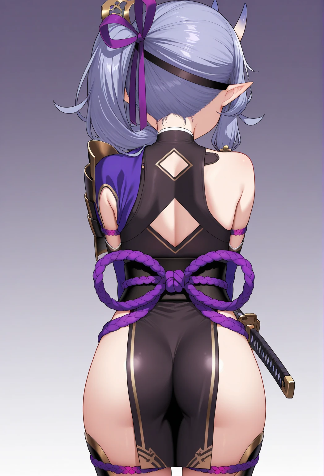 KamaDe, OriginalKamaOutfit, 1girl, flower, solo, smile, looking at viewer, lotus, holding, gradient background, gradient, closed mouth, pink flower, trasero visible, ass, big butt, large butt, large ass, (big butt:1.1), full belly
