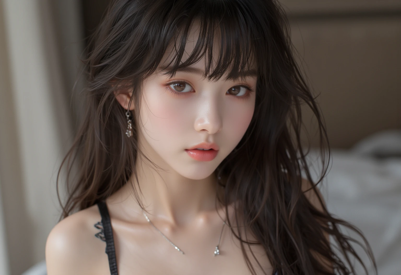 Top image quality、Raw photography、超A high resolution、Close-up of the face、Cute girl at 18 years old、Shooting for one person only、big round chest、cleavage of the breast、Camisole、Beautiful eyes with random colors、Beautiful Eyes of Details、very elongated eyes、Beautiful eyelashes、Beautiful double eyelids、Lying face down on a large bed