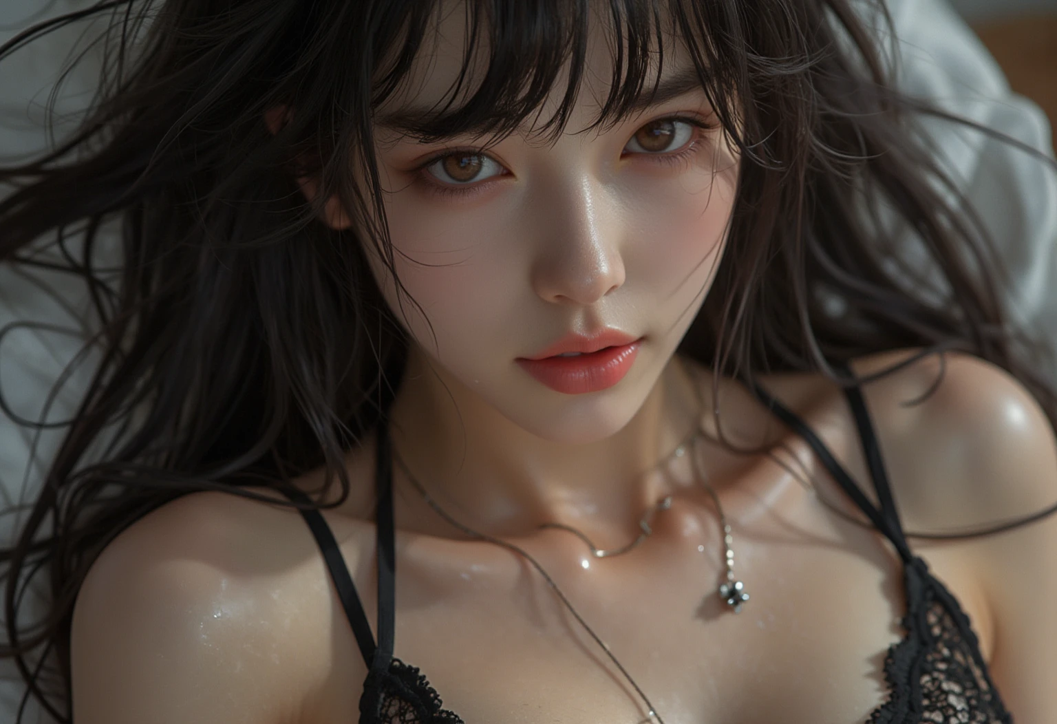 Hinata from naruto, realistic, age 25, pure white skin, white eyes, black long bangs, hair, perfect face, perfect shape body, large breasts, purple and white clothes covered upper body, 3d