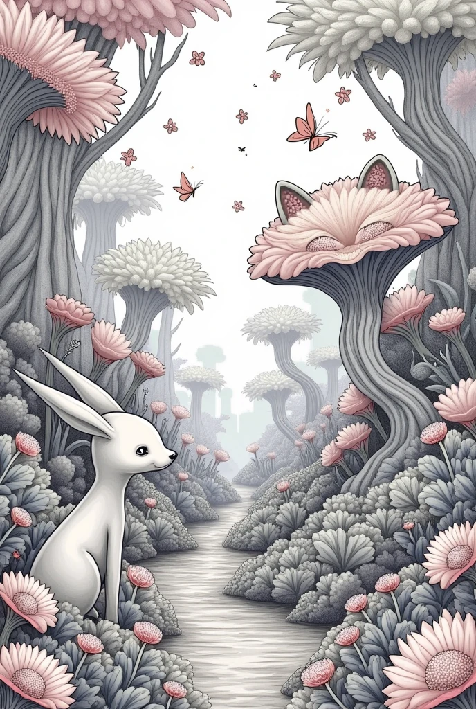 I need a black background image A magical tree all white with a fox and a little goblin