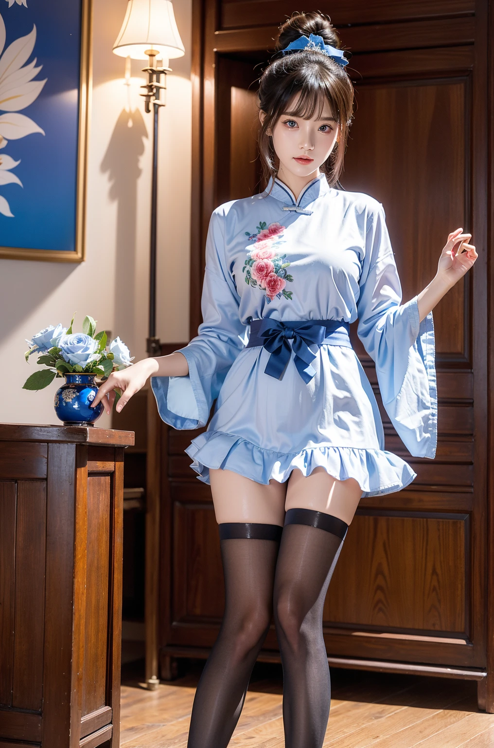 Highest quality、Highest quality、Highest Resolution、masterpiece、detailed、live-action)、
(((She flips up her flower-patterned Chinese dress with her own hands.)))、
(((Grab the hem of your floral Chinese dress with your own hands)))、
(((Wearing pantyhose up to the waist)))、
((Pantiesを見せて))、
((Pantiesが見えている))、
Panties、
bra、
1 Japanese woman、
Cute Japanese Woman、
Beautiful 20 year old Japanese woman、
Slender figure、
Super slim figure、
Small breasts、
Silver Hair、
The woman is facing the photographer、
smile、
whole body、
Standing posture、