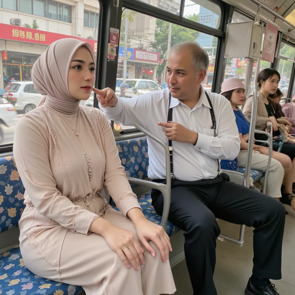 Malay girl , modern plain hijab, Beautiful Malaysian girl wearing a hijab, navy blue hijab red lips, on a public train, seductive sexy body, beautiful Malaysian girl wearing a pink vest, white t-shirt visible cleavage and pink miniskirt, black stocking. old man wearing a wool vest, shirt, black trousers and black office shoes. Beautiful girl Malaysia couple hugs with old man, skin texture and wrinkle detail. in the background train