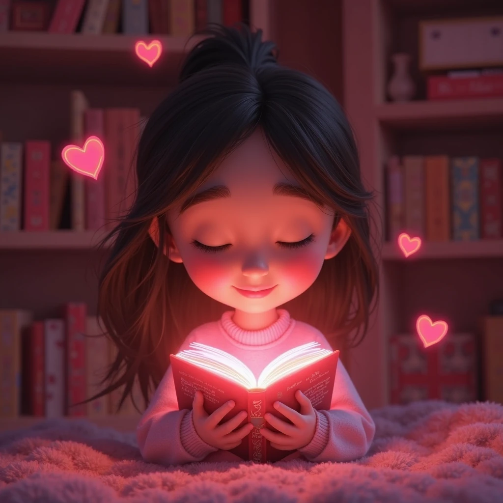 Create an animated image of a girl sitting reading a book 