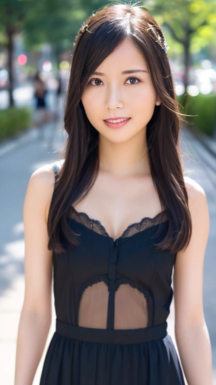 best quality, high resolution, extremely detailed photography, (photorealistic), upper body shot, professional lighting, ((a girl, solo)), beautiful detailed face and eyes, Joy, wearing Elegant dress, in Serene beach
