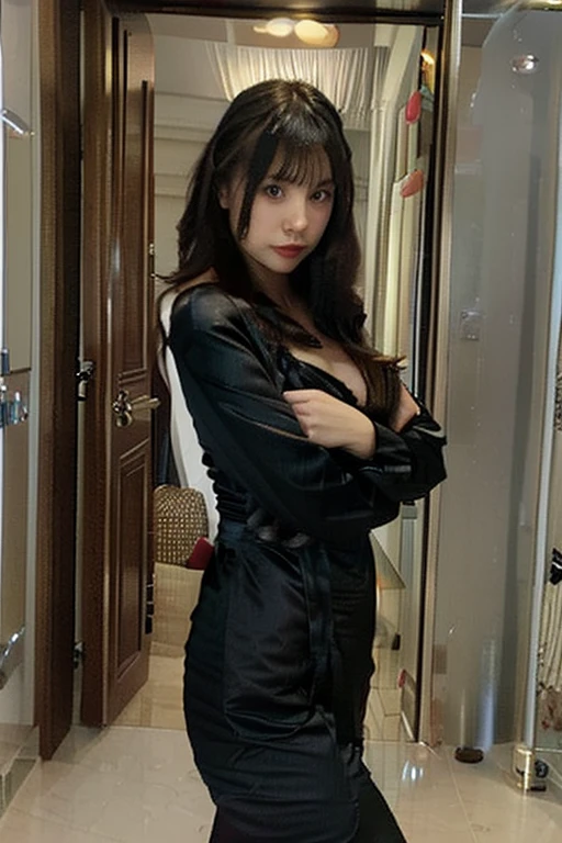 Arapei woman in black dress leans against wall holding cell phone, wearing black silk robe, wearing black silk robe, wearing dark silk robe, deep black robe, thin black robe, 19xx, With black, Black robe, in a black chiffon layered robe, Silk robes, Satin, sleek robes, evening formal robes, Wearing a luxurious silk robe