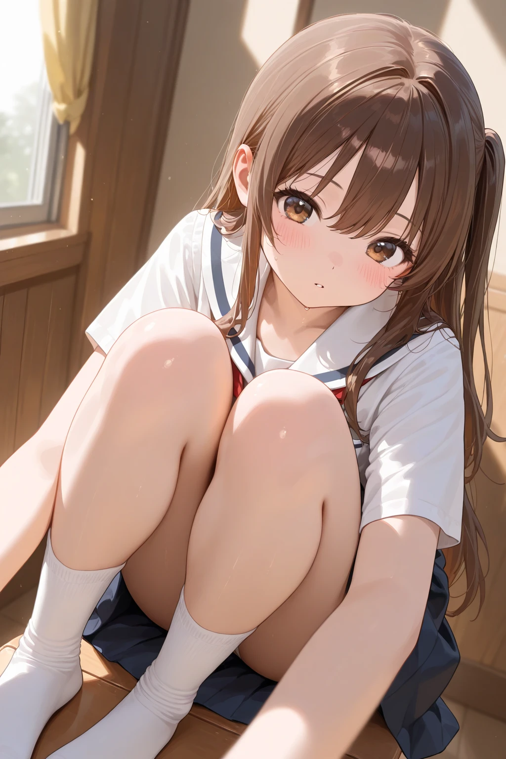 Masterpiece Top Quality High Resolution、Anna Tanaka , Long hair, Sit with your knees bent、Eight-headed body、beauty legs 、in a school、As if looking up from below、Ashamed