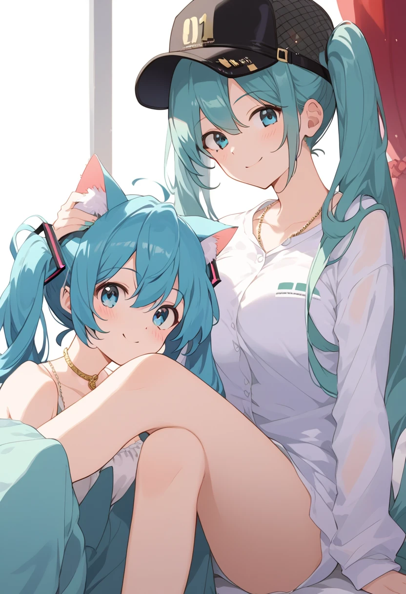 nsfw,Two Girls,ffm, lying down,Lift both legs,Sex,panties,Light blue hair,Light pink hairstyles，Cat ear，Pink Eyes，light blue lolita，White socks，,Pink ribbon,Laughing with your mouth open,Best image quality,Highest quality