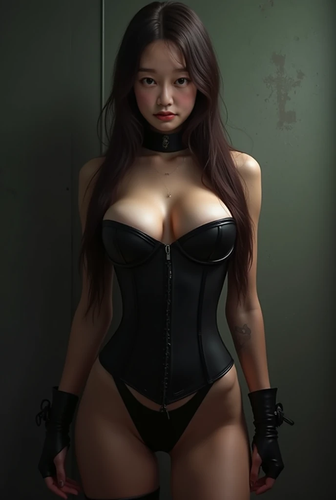 A woman in sexy clothes half human and half machine