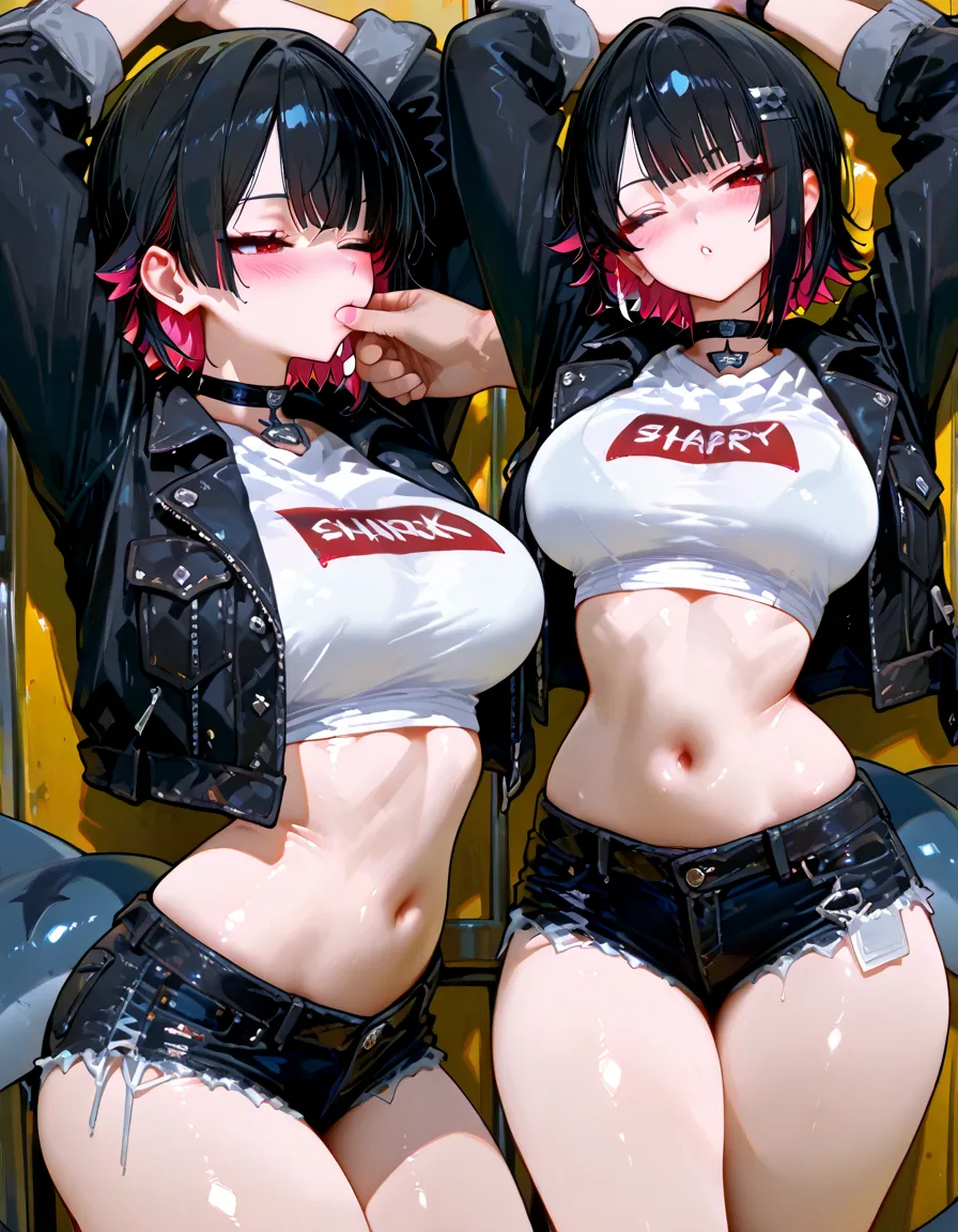 (Highest quality, 4K, 8k, High resolution, masterpiece:1.2), Very detailed, Picturesque, Anime style photo, Photo Animation:1.37)、Japanese、(Pink Hair)、(Pixie Cut)、smile、Black choker、Wearing a leather jacket over bare skin、Leather pants、 underboob、Tuck the hem of the shirt, Under breast、Straddling American Motorcycles、whole body、Nakano Ichika