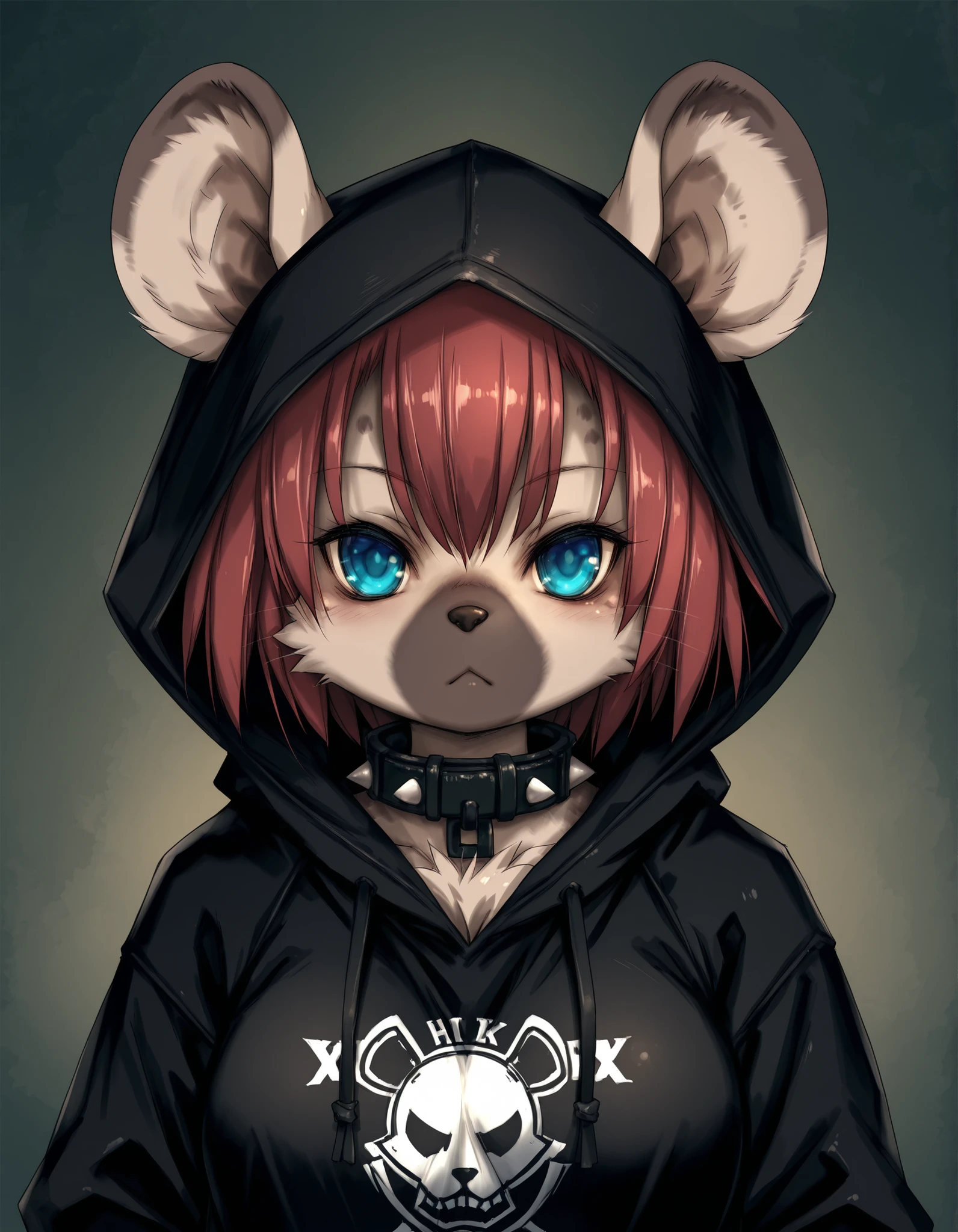 Hitomaru,, 1girl, solo, anthro hyena, furry, furry female, blue eyes, punk, grey fur, black hoodie, breast, spike collar, red hair,