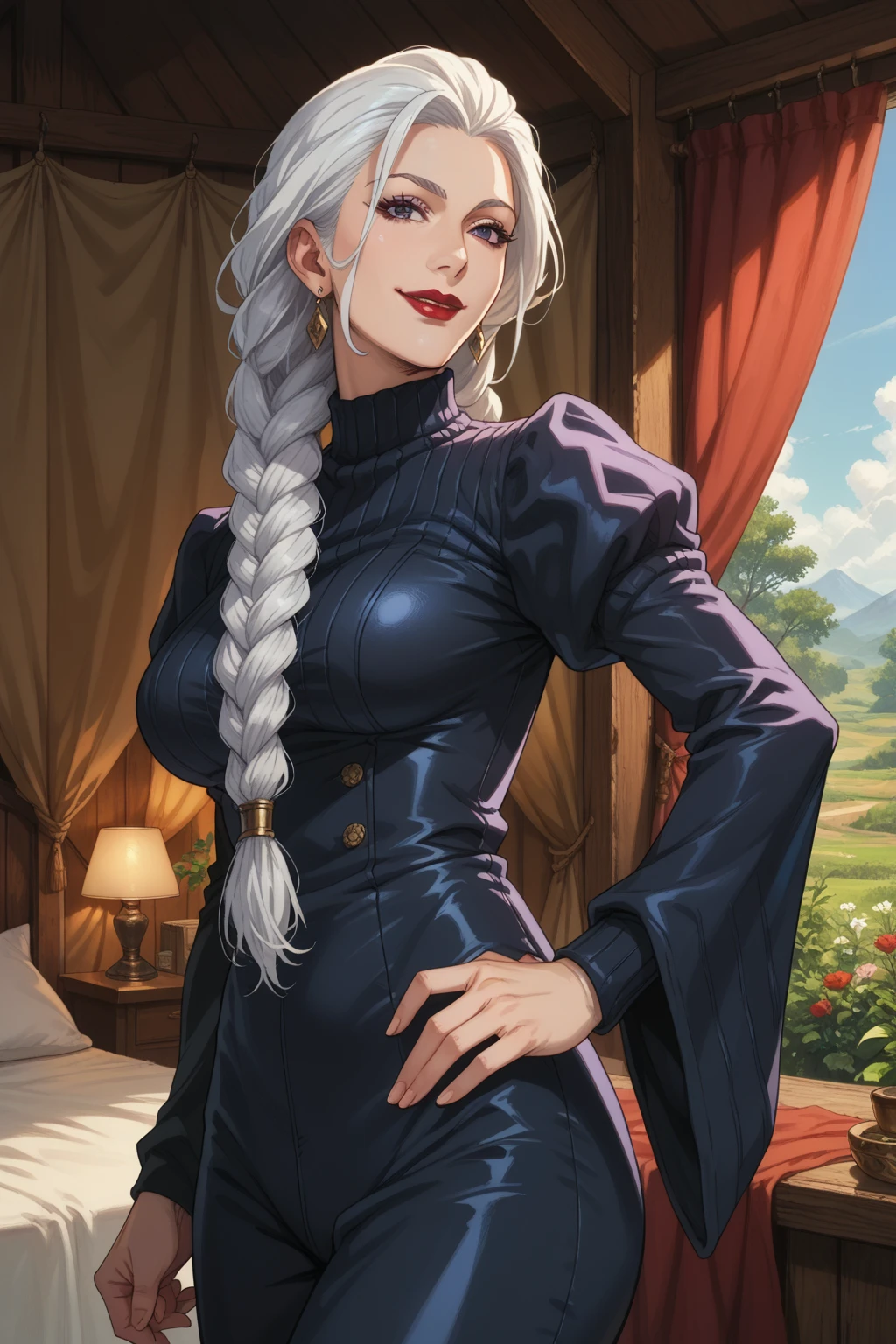 ophelia(claymore),1girl,Solo,fantasy,white skin,silver hair,show the forehead ,((slicked back hair)),((hair pulled back)),(single braid),(long braid),(large braid),yellow eyes,white bodysuit,collarbone,knight outfit,naughty smile,smirk,((simple background)),gray background,old school fantasy art,elf