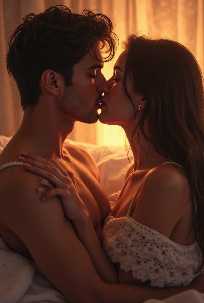 (photorealism:1.2), beautiful girl and boy, sitting on bed, wearing bra and short , lip kissing, open hair indoors,  lighting,  window with sunlight, cozy room, tight hug,