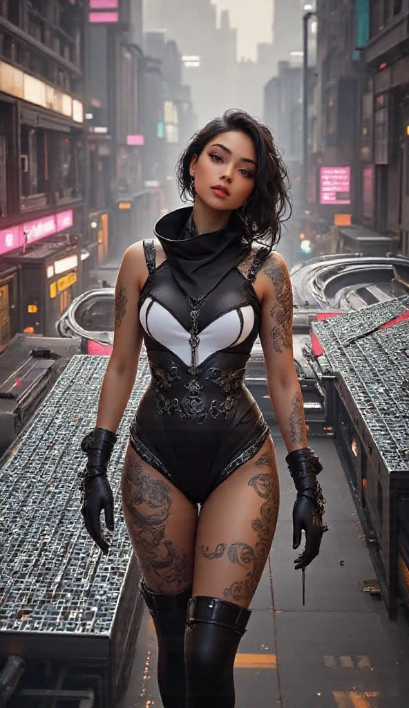 wide angle full body shot of a gorgeous futuristic Asian girl, perfect ???????, centered, approaching perfection, sultry pose, confident and aggressive, perfect face, highly detailed face, beautiful reflective eyes, toed body, kpop, korean eyes, detailed hair, freckles, tattoos, (expressive and deep [symmetrical eyes]), red gorgeous lips, dynamic, highly detailed, reflective textures, hyperrealism, sharp focus, raw photo, depth of field, intricate details, highly detailed, 8K UHD, concept art, octane render, trending on artstation, digital illustration, comic style, art by Carne Griffiths and Wadim Kashin, by greg rutkowski, (Masterpiece:1.3), (best quality:1.3),