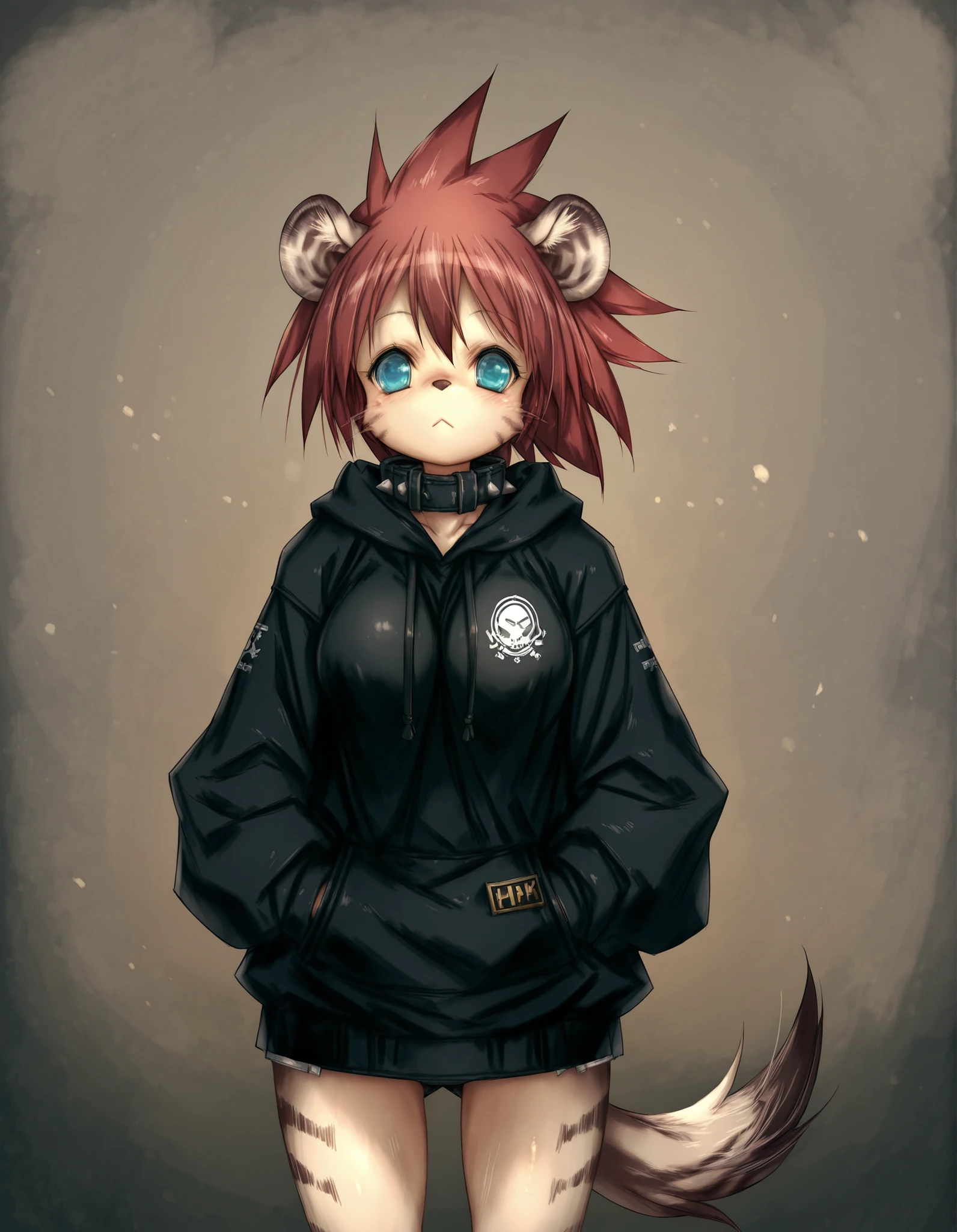 Hitomaru,, 1girl, solo, anthro hyena, furry, furry female, blue eyes, punk, grey fur, black hoodie, breast, spike collar, red hair,