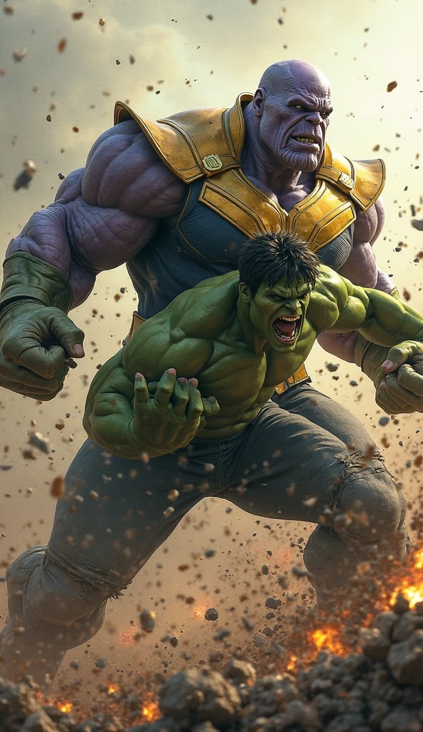 "An epic scene set on a desolate battlefield under a stormy sky. Hulk, in his most powerful and enraged form, towers over Thanos. Hulk’s green skin glows with immense power, his muscles are rippling with strength, and his eyes are blazing with fury. Thanos is on the ground, visibly battered and bruised, struggling to defend himself. Hulk is delivering a series of devastating punches and blows, each one creating shockwaves and cracks in the ground. The scene is dynamic and intense, capturing Hulk’s unmatched strength and the sheer magnitude of his assault on Thanos. The background is dramatic with dark clouds and lightning to emphasize the power struggle."
