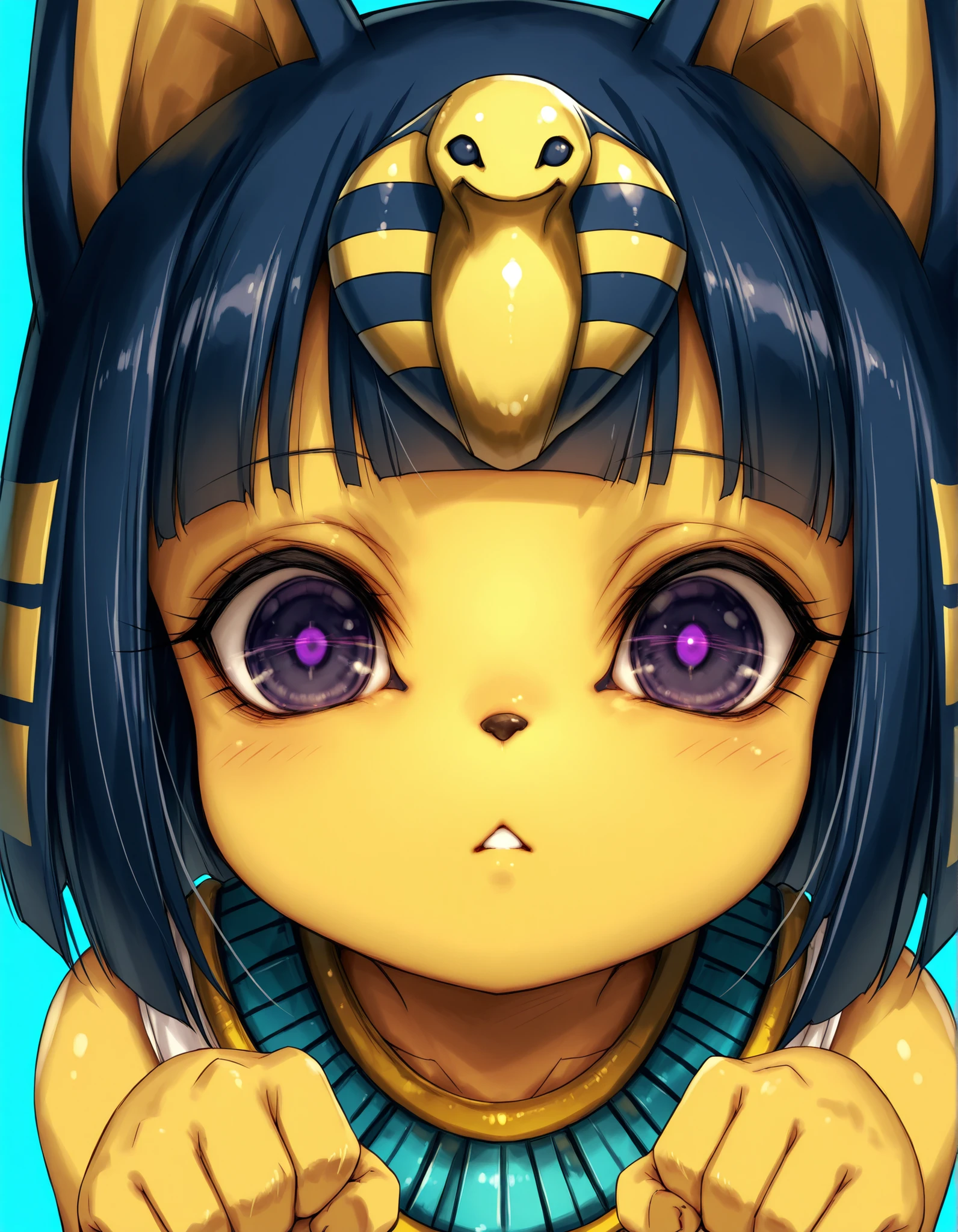 Hitomaru,, depth of field, 1girl, furry, ankha \(animal crossing\), expressionless, eye reflection, yellow background, yellow theme, blue background, desert,, purple eyes, glowing eyes, wide-eyed, paw pose, looking at viewer, close-up, parted lips,