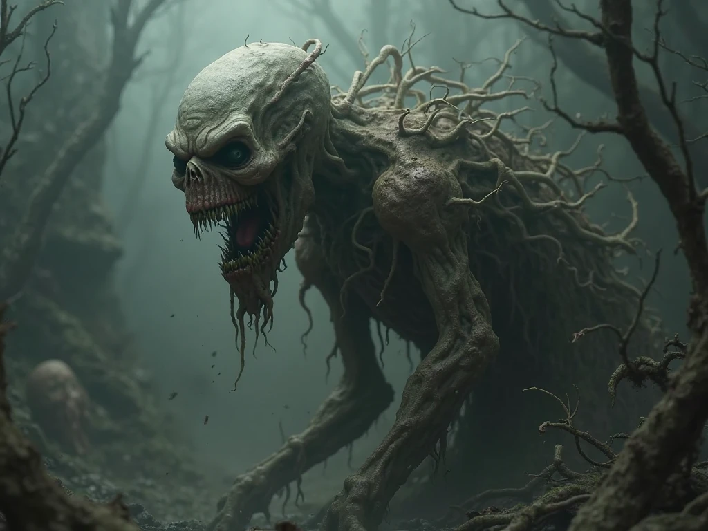 (((horror style))), image of a tall, skeletal creature with two megaphones for a head, Trevor Henderson, walking through a dark forest, teeth inside the megaphone, rotten muscles, super-detailed graphic, 4k resolution