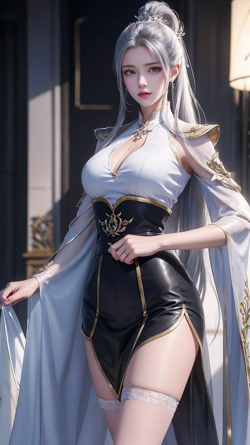 ((woman with tattoo on chest)), girl, ((long white hair with bangs,, Black strands of hair)), Purple eyes, White T-shirt and white cape, Pendant around the neck. 超High resolution.Realistic. 超High resolution.Realistic:1.4,超High resolution. Realistic，High resolutionで, masterpiece, Highest quality, Very detailed, Better Shadows, Volumetric lighting), super high quality, High resolution, 8k, 超Realisticな肖像画 , Realistic, Dynamic Lighting, Volumetric lighting, Very detailed顔,(Browsing Caution:1.0), Full Body Stand Posture, Thin legs, ((Large Breasts)), Detailed facial details, Natural and beautiful standing posture,