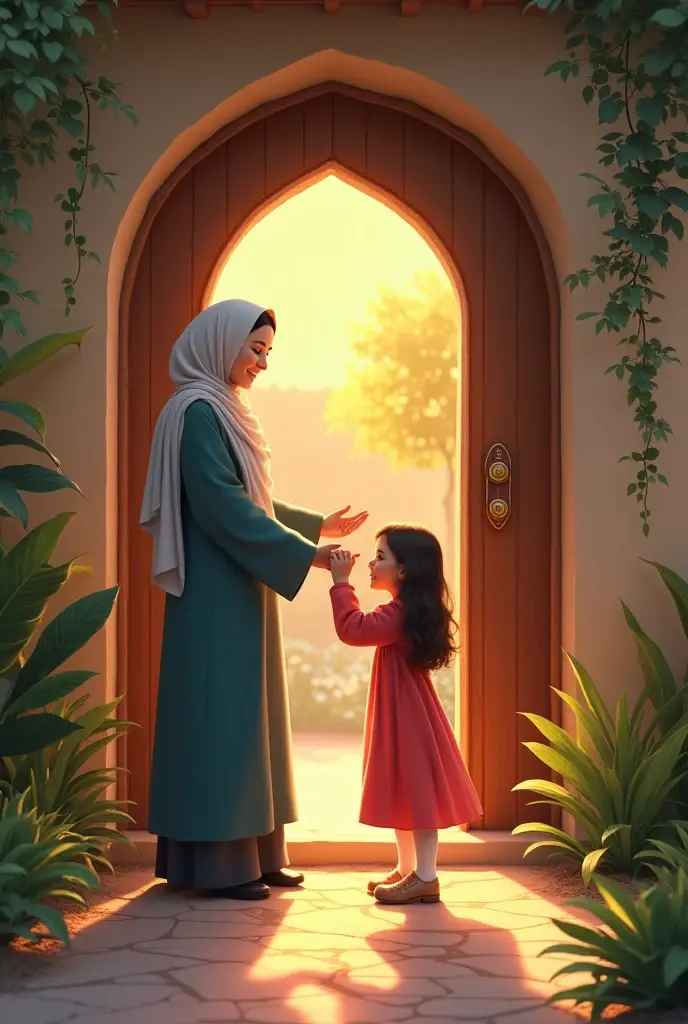 La belle femme arabe peigne les cheveux de sa fille avec un peigne sur le toit de la maison. Elle porte une djellaba marron , avec une couverture en laine marron sur la tête. Une fille portant un jean  et chaussure ????  et portant un petit miroir.