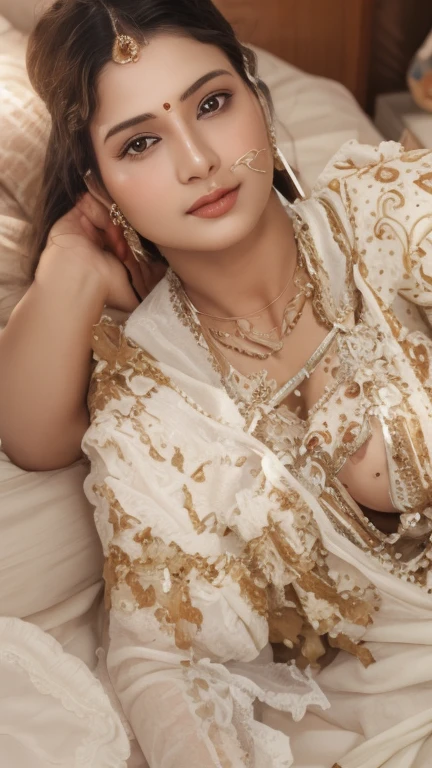 full body shot, full body, best quality,32k high res, masterpiece, ultra-detailed, realistic,photorealistic,photo-realistic:1.37, beautiful face, cute face mesh, pretty face mesh, sharpen, detailed face, detailed eyes, detailed lips, fair skin, realistic textures:1.3, detailed skin texture, cinematic shot, atmospheric lighting, Photorealistic, Hyperrealistic, Hyperdetailed, detailed saturated skin, soft lighting, subsurface scattering, centre composition, 8k, golden ratio, Intricate, award winning photography, soft focus, dynamic abstract background, 20 years old, beautiful Indian babe:1.1, realistic full body beautiful indian woman in a bed of flowers in saree, yellow with black flowers on it perky breasts, cleavage, moist cloud.