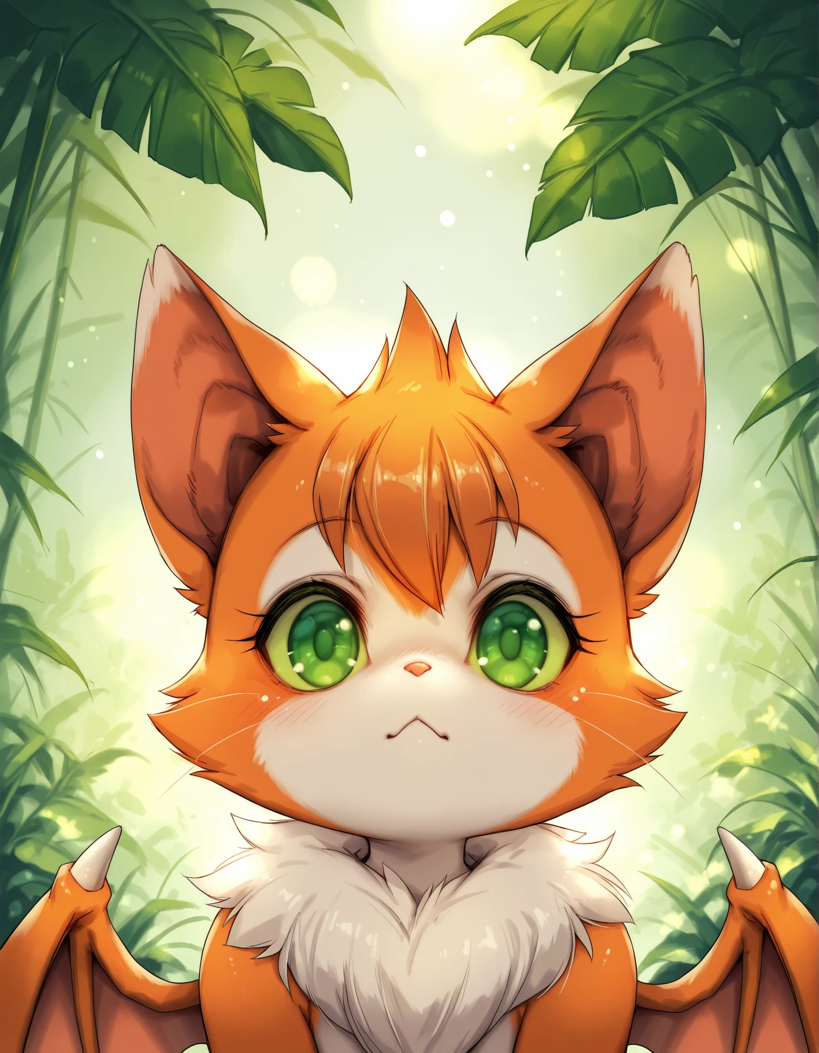 Hitomaru,, masterpiece, best quality, very aesthetic, (1girl:0.7),, (solo:1.3), furry, fidget \(elysian tail\), nimbat, fidget_daet, anthro, furry female, wings, tail, green eyes, colored sclera, bat wings, facial markings, orange fur, white fur, two-tone fur,membranous wings, fluffy, portrait, big eyes, young, BREAK, masterpiece, best quality, high quality, particles effect, [:by Desubox:0.15], [:by Anchee, by Snowskau:0.55], detailed background, detailed foreground, subtle shadows, depth of field, backlighting, plant, nude